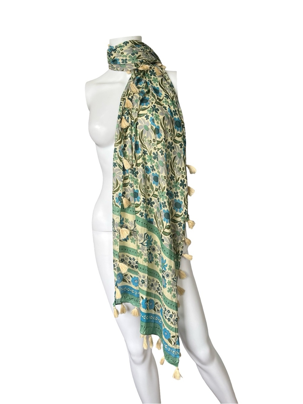 NEW Natural Life Scarf Floral Print Knit Tassels Green Blue Boho